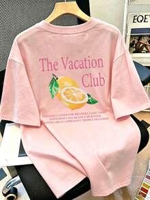 2pcs Plus Size Women's Casual Magenta Lemon Pattern Back Design Crew Neck Short Sleeve T-Shirt Set, Spring/Summer Pink Elegant - Baby Pink - View 6
