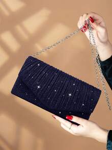 1pc Shiny Elegant Pleated Women's Handbag, Fashionable Glamorous Ladies' Evening Wallet, Envelope-Style Clutch Bag With Hidden Card Slots And Compartments, Shoulder Bag With Detachable Metal Chain, Suitable For Party Girls, Brides, Best Gift For Holidays - 藏蓝色 - 查看 2