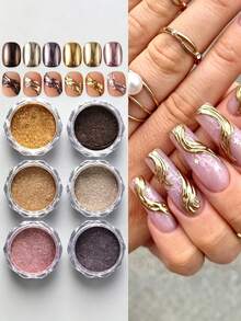 12pcs/Set Elegant Golden Metallic Nails Glitter Magic Mirror Powder Autumn Winter Reflective Glitter Dust Y2K Luxury Design Nail Art Decoration Festive Manicure - Multicolor - View 2