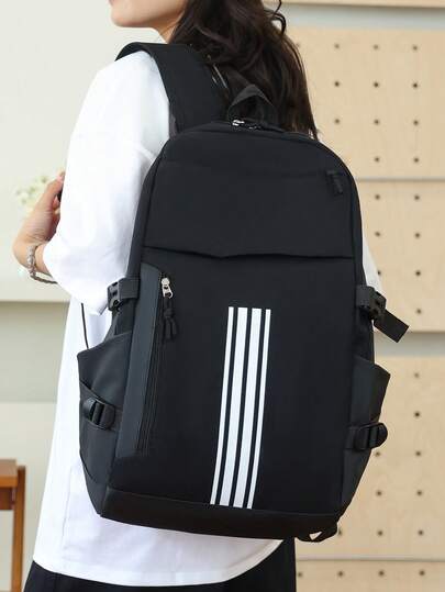 Mochila a rayas para mujer, bolsa de gran capacidad para estudiantes, hecha de tela Oxford resistente al agua, diseño a rayas en negro y blanco, bolsillo frontal + bolsillos laterales con múltiples compartimentos, correas de hombro acolchadas, cabe portátil y libros, adecuada para la escuela, ir al trabajo, actividades al aire libre, unisex