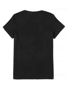 Camiseta de algodón de manga corta para mujer, estampada, de cuello redondo, estilo casual. - Negro - Ver 2