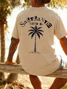 Coastal | New Men's Summer T-Shirt With Coconut Tree And Letter Print, Short Sleeve, Crew Neck, Casual Holiday Wear, 100% Cotton - 杏色 - 查看 3