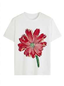Vibrant Floral T-Shirt, Red Floral Print Aesthetic Tee, Casual Bohemian Short Sleeve, White Everyday Art Top, Loose Fit Retro Tee. - Banc - View 2