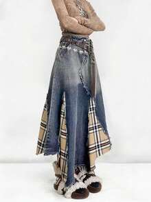 ARWY Y Women's A-Line Denim Maxi Skirt, Classic Washed Pleated Design With Raw Edge Button Decor, Casual Elegant Style - Medium Wash - View 6