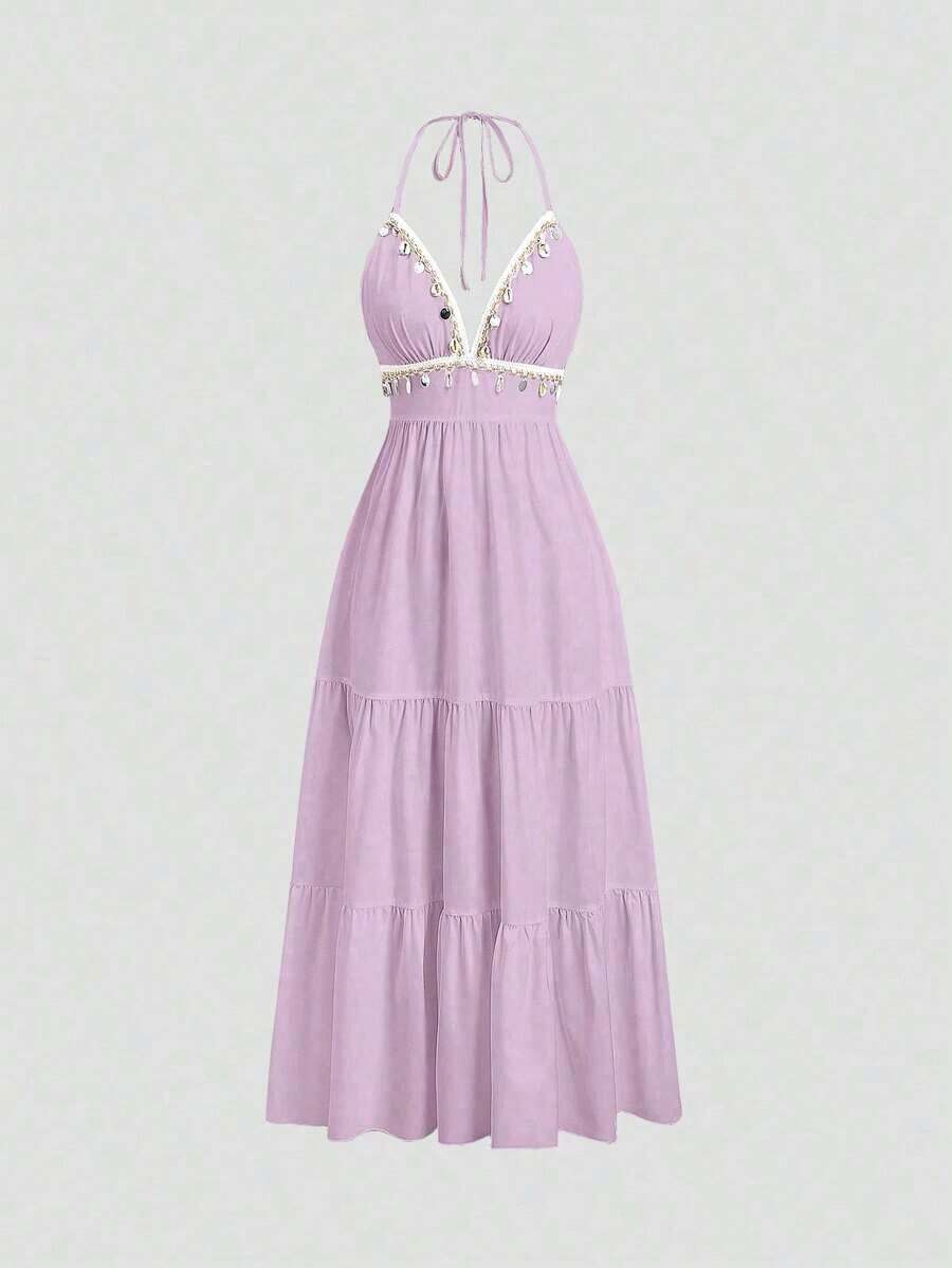 Vestido de mujer con cuello halter, cintura con lazo y bordado para vacaciones - Morado - Ver 1