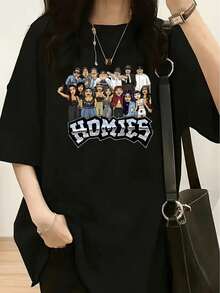Homies Cartoon Characters Print Crew Neck T-Shirts Oversized Short Sleeve - màu đen - Xem 1
