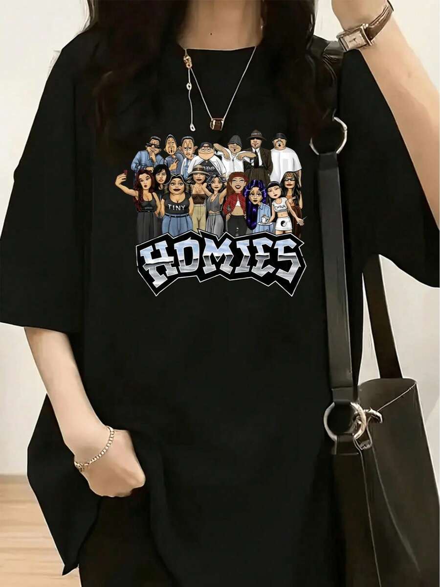 Homies Cartoon Characters Print Crew Neck T-Shirts Oversized Short Sleeve - màu đen - Xem 1