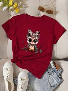 Camiseta de manga corta con cuello redondo y estampado de búho de dibujos animados para mujer, camisetas gráficas para mujer. - Borgoña 2 - Ver 7
