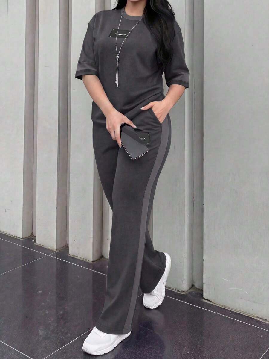 2 piezas Conjunto de camiseta de manga corta de cuello redondo y pantalones sueltos de cintura elástica para mujer, uso diario casual elegante de verano en color negro - Gris oscuro 23 - Ver 1