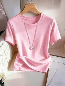 Camiseta de mujer casual de unicolor con cuello redondo y manga corta - Rosa Pálido 2 - Ver 1