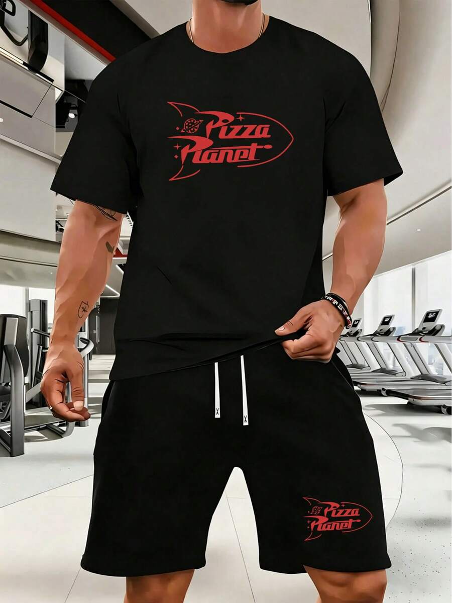 Disney Retro Pizza Planet Toy Story Two-Piece Set: Retro Rocket Logo Pattern T-Shirt And Shorts - Casual And Comfortable Men's Sports Suit - Black - View 1