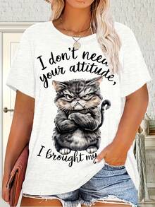 Plus Size - Plus Size - Women's Cute Cat Print T-Shirt, Casual, Round Neck And Short Sleeves, Suitable For Outdoor Activities In Summer. - White - View 2