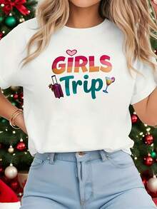 Camiseta holgada 2026, "GIRLS Trip" con estampados de equipaje en forma de corazón y cócteles, camiseta blanca de manga corta y cuello redondo, lavable a máquina, estilo casual, ajuste cómodo, diseño moderno, versátil para uso diario, tela suave, camiseta de estilo moderno. - Blanco - Ver 1