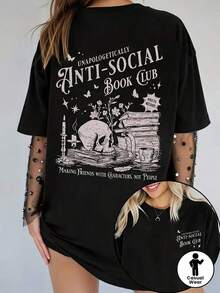 Playera minimalista moderna, camiseta de talla grande con estampado gráfico, manga corta, cuello redondo, top casual para verano y primavera, ropa de talla grande para mujer - Camiseta unisex de algodón suelto, manga corta, cuello redondo, estilo vintage urbano. - Negro - Ver 3