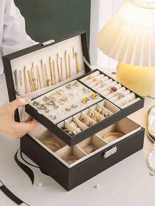 1pc New Double-Layer Lockable Jewelry Storage Box, Lockable Jewelry Organizer, Drawer-Style Jewelry Box, Can Store Earrings, Rings, Watches, And Other Accessories School Supplies - Jewelry Box - View 5