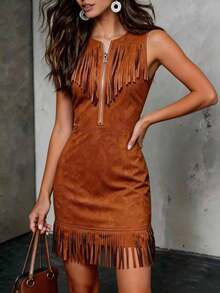 Vestido con cremallera sin mangas recortado en muntjac vaquero retro explosivo - Marrón - Ver 4