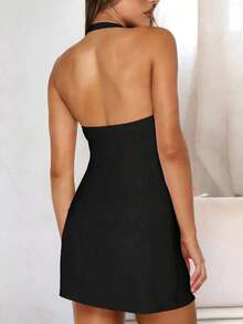 Vestido mini de línea A con escote halter y espalda descubierta, estilo casual Y2K para mujer, elegante rosa para fiesta de verano - Negro - Ver 2