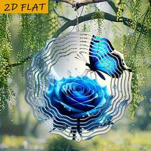 1pc Blue Butterfly & Glowing Blue Rose Metal Windmill - 10 Inch Round Double-Sided Garden Art With Rotating Hook, 360° DIY Creative Dynamic Outdoor Decor For Yard And Lawn, Butterfly Decor (Pendant Not Included), Random Style - A - View 8
