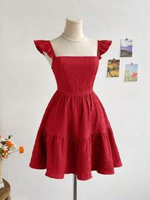 Vestido mini de mujer para vacaciones, de color caqui marrón, con textura de ramitas y hojas, de tela, con mangas de tipo gorro, espalda abierta y cintura con lazo, apto para fiesta, cita, té de la tarde, estilo bohemio, festival de música, carnaval, playa. - Rojo - Ver 3