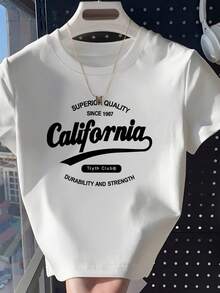 California 藍色字母印花短版上衣，圓領短袖露腰休閒款 - 白-印花黑 - 查看 3