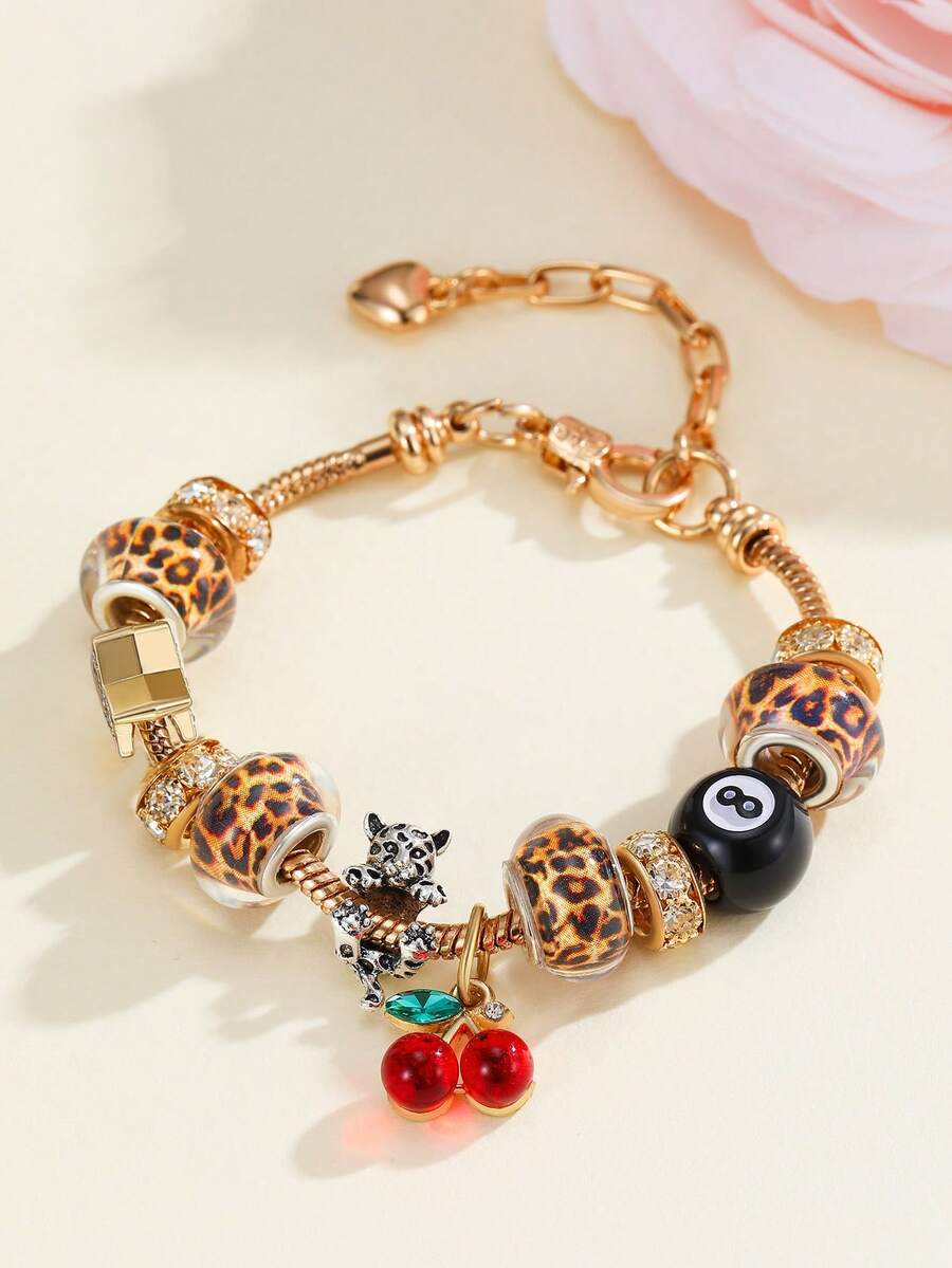 1 chiếc vòng tay chuỗi hạt phong cách retro với mặt dây chuyền họa tiết da báo & quả anh đào dành cho thanh thiếu niên - Nhiều màu - Xem 1