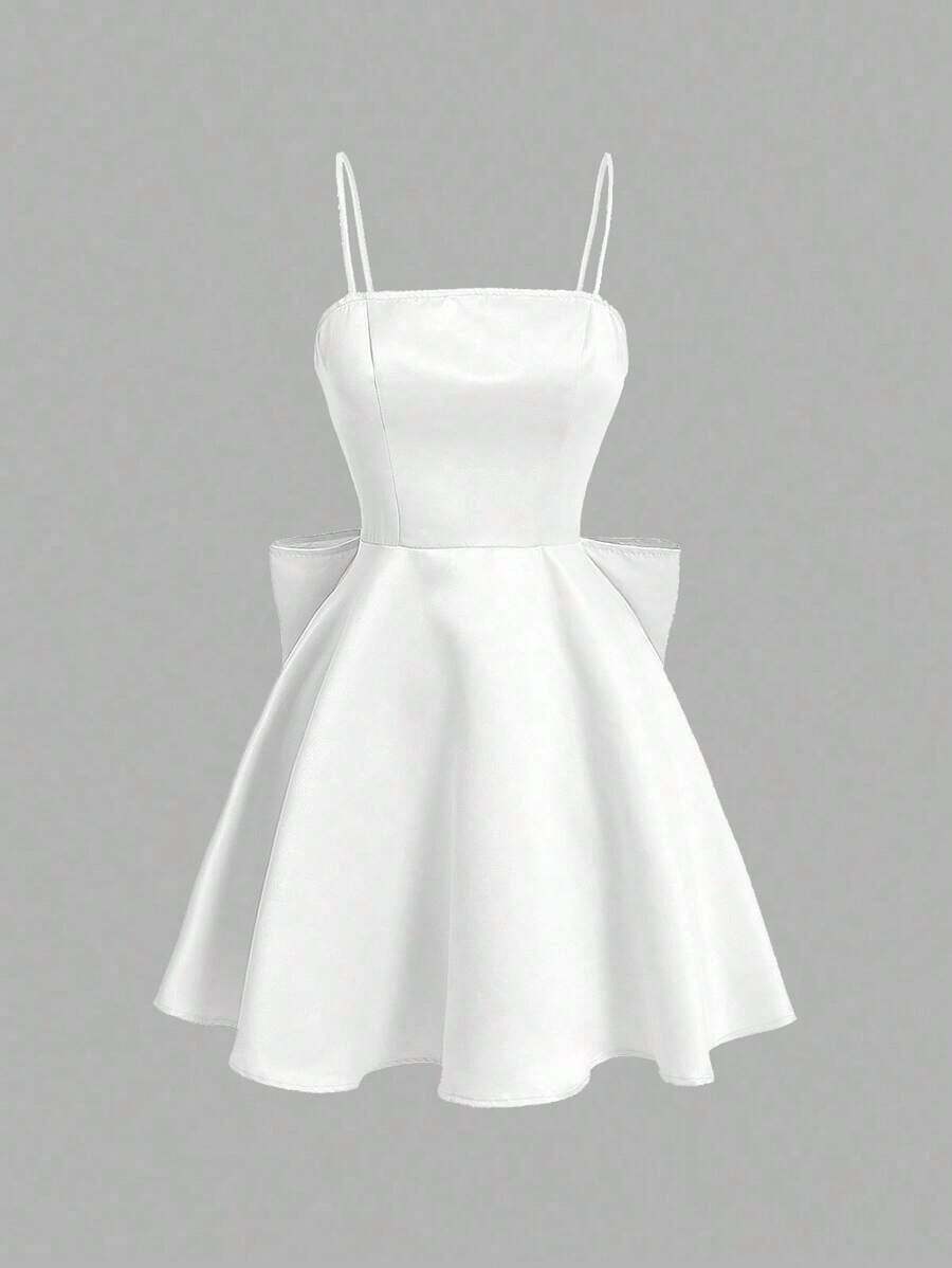 MOD Vestido de mujer de unicolor con tirantes finos y gran lazo decorativo en la espalda - Blanco - Ver 1