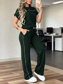 Conjunto de 2 piezas de mujer con top de cuello redondo de unicolor minimalista de manga corta y pantalones rectos de cintura alta, elegante para primavera/verano - Verde oscuro 1 - Ver 5