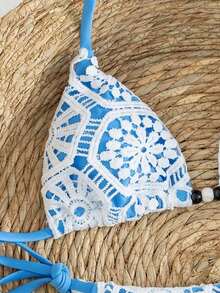 73PC Nuevo conjunto de bikini de 2 piezas de lujo y elegante Swim Vcay, con encaje de ganchillo blanco y triángulo caramelo/marrón. Parte superior de natación con cuello de halter y acentos de cuentas de madera, tanga sexy de corte alto para traje de baño/bañador de verano para playa, piscina, vacaciones, estilo retro Y2K Spice Hot Girl, festival de música, salidas a la tropical y vibraciones modernas - Azul - Ver 8