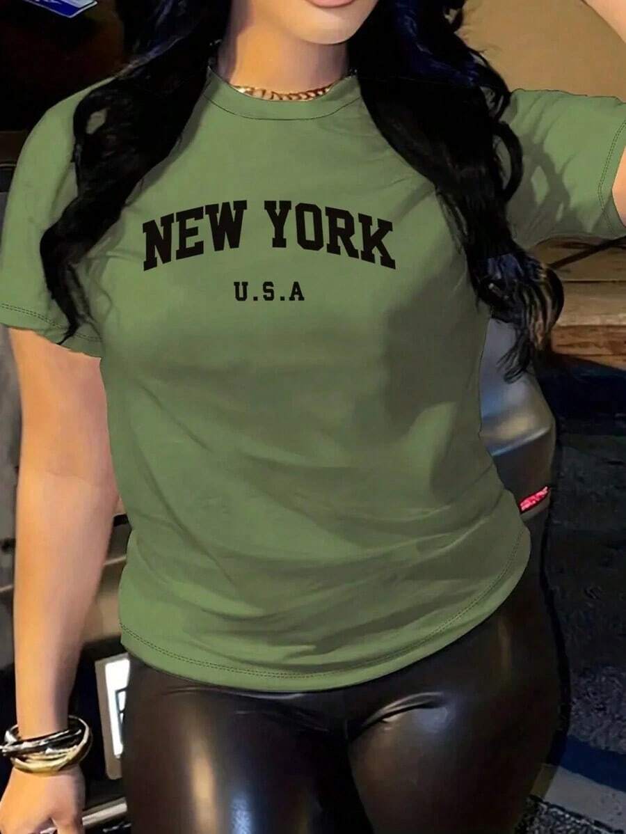Camiseta de manga corta de verano con estampado de letras casual para mujer - Verde militar - Ver 1