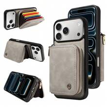 Wallet Zipper Card Holder Phone Case, RFID Blocking & Shockproof Protective Leather Cover With Stand Function, Compatible With IPhone 17Pro Max, 17Pro, 17Air, 17, 15, 16 ProMax, 14 Pro, 13, 12, 11, - Grey - View 1