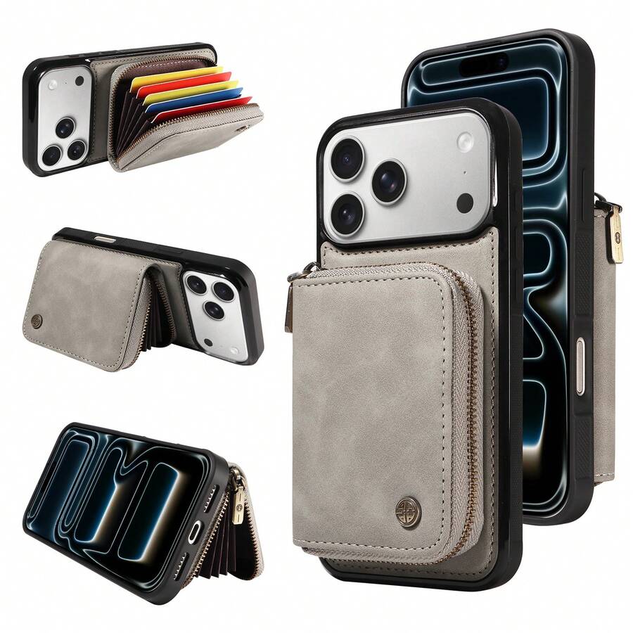 Wallet Zipper Card Holder Phone Case, RFID Blocking & Shockproof Protective Leather Cover With Stand Function, Compatible With IPhone 17Pro Max, 17Pro, 17Air, 17, 15, 16 ProMax, 14 Pro, 13, 12, 11, - Grey - View 1