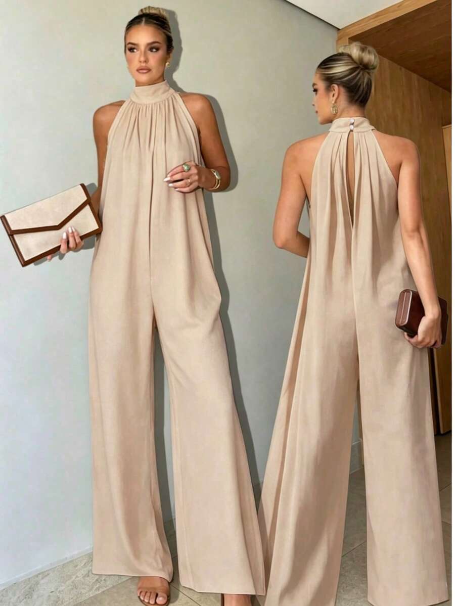 1 buah Jumpsuit Longgar Tanpa Lengan Model Halter Warna Polos untuk Wanita, Menampilkan Nuansa Santai dan Kasual, Cocok untuk Pemakaian Sehari-hari, Kencan, Bepergian, Serbaguna dan Dapat Dipadukan dengan Apa Saja, Pakaian Musim Panas - Aprikot - View 1