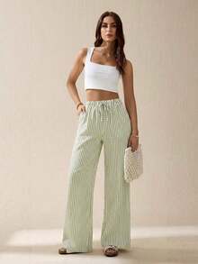 Pantalones largos de rayas con cintura de cordón para uso diario, atuendos de mujer de verano casuales - Verde militar - Ver 6