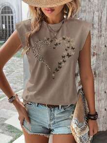 Camiseta gráfica de mujer con estampado de leopardo, mariposa y corazón de manga corta - Negro - Ver 8