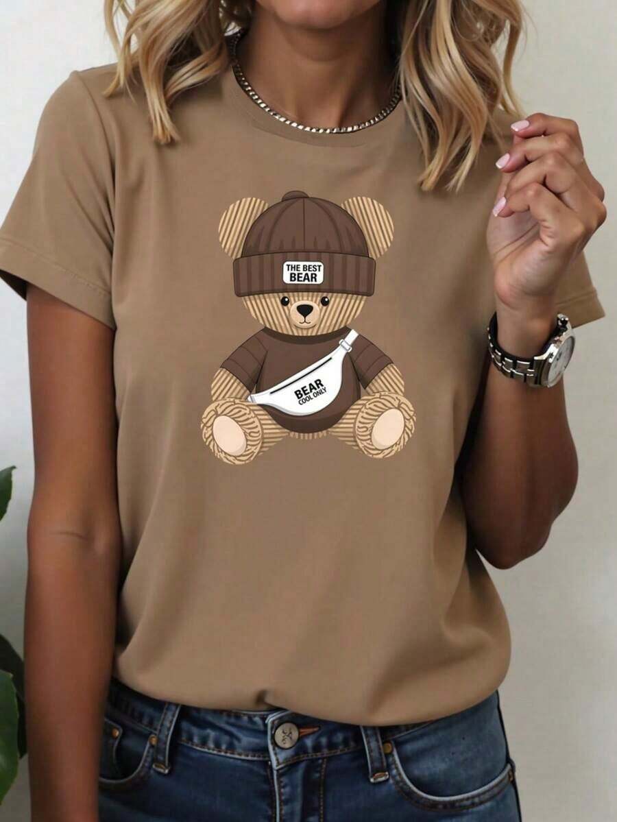 1 Bear Print T-Shirt - Soft, Breathable, Comfortable Cotton Blend, Short Sleeve, Casual Summer Sportswear, Easy Care, Quick Drying, Suitable For Outdoor Activities And Casual Wear, Casual Style, 100% Cotton, 180g, All Designs Are Printed. Unisex. - 預設圖 1 - 查看 1