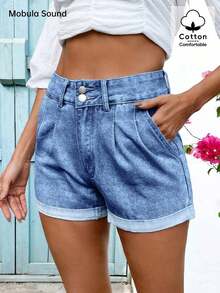 Summer All-Match Leisure Music Festival Holiday Fashion Double Buckle Design Slim And Leg-Lengthening Female Campus Hem Ladies Women Denim Shorts Casual - Lavado general azul oscuro - Ver 3