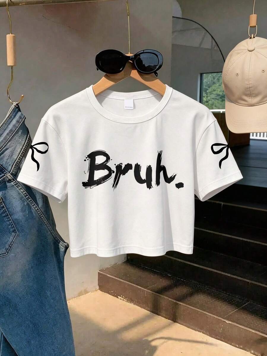 Cute Aesthetic Style Bow Print Short Sleeve Crop Top, Suitable For Weekend Outings, Friend Gatherings, Daily Casual Wear, For Girls - White - View 1