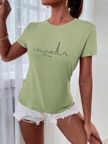 Women's T-Shirt With Paris Skyline Design, Paris Art Print, Round Neck, Short Sleeve, Casual Style, Paris Graphic T-Shirts For Women - 軍綠色 - 查看 4