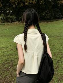 Utility Peter Pan Collar Cap Sleeve Shirt For Women, Summer Korean Retro Design 3-Button Loose Cap Sleeve Top - Khaki - View 3