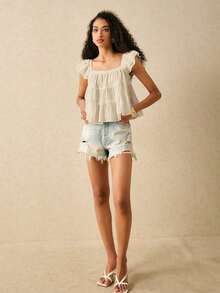 Blusa informal de mujer con volantes en el borde de unicolor - Beis - Ver 5