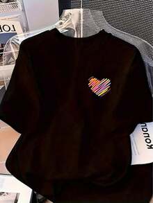 100% cotton Elegante Camisa para Mujer, Camiseta Casual de Manga Corta con Cuello Redondo y Estampado de Corazón, Lavable a Máquina - Perfecta para Atuendos Casuales, Ropa Informal - Negro - Ver 6
