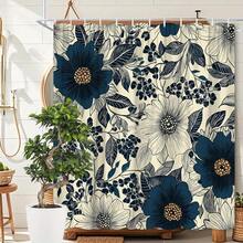 1pc An Extra-Long Shower Curtain Featuring A Navy Blue And Beige Floral Design, Showcasing An Elegant Vintage Botanical Style. Made From Polyester, It Is Machine Washable And Comes With 12 Hooks - a - 查看 1