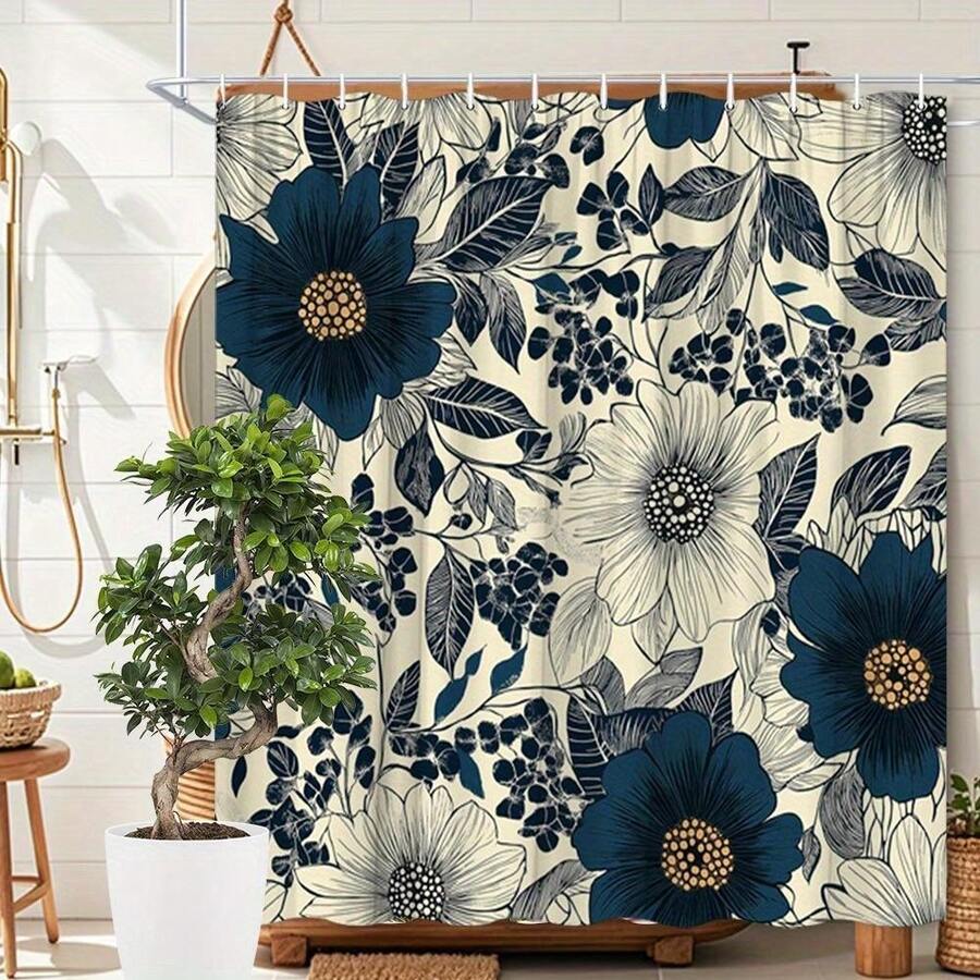 1pc An Extra-Long Shower Curtain Featuring A Navy Blue And Beige Floral Design, Showcasing An Elegant Vintage Botanical Style. Made From Polyester, It Is Machine Washable And Comes With 12 Hooks - a - 查看 1