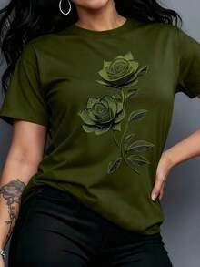 Camiseta casual de mujer con cuello redondo y manga corta con estampado floral - Verde militar - Ver 1