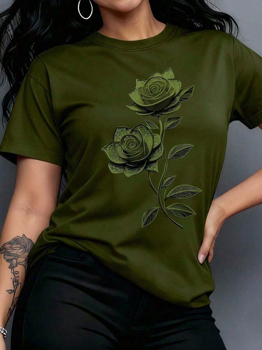 Camiseta casual de mujer con cuello redondo y manga corta con estampado floral - Verde militar - Ver 1