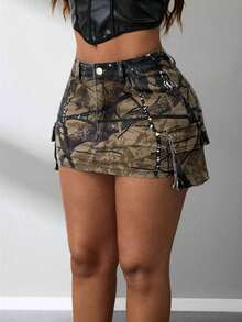 American Camouflage Cargo A-Line Denim Mini Skirt, Slim Fit Sexy Lady Spring/Autumn - Multicolor - Ver 1