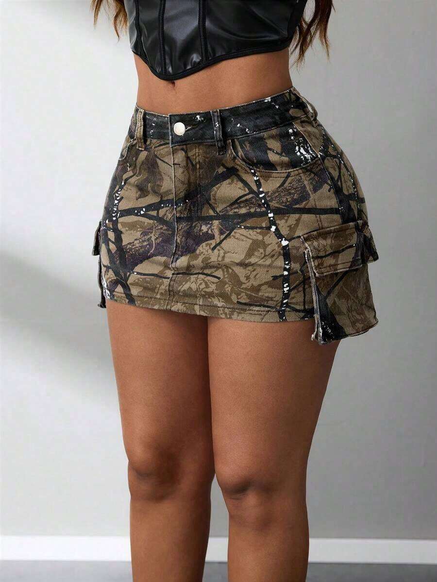American Camouflage Cargo A-Line Denim Mini Skirt, Slim Fit Sexy Lady Spring/Autumn - Multicolor - Ver 1
