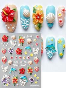 2片装夏季芙蓉花美甲贴纸，海洋波浪海豚贝壳珊瑚盛开鸡蛋花设计，滑动式节日魅力贴纸，DIY美甲装饰艺术用品 - 彩色 - 查看 2