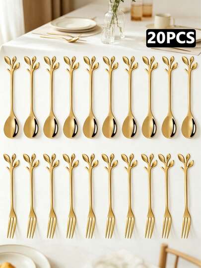 4/12/20 piezas Juego de cubiertos de acero inoxidable con diseño de hojas, tenedores y cucharas de café, tenedores y cucharas para frutas, juego de vajilla, para aperitivos, postres, ensaladas y revolver, juego de cubiertos estilo occidental, utensilios de cocina, adecuado para el hogar, la cocina y el restaurante, Eid Al-Fitr, Día de la Madre, Pascua, vuelta al colegio, útiles escolares