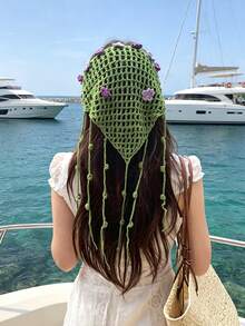 清新花卉流苏镂空编织女士三角巾，头巾头饰，多功能发带披肩链，时尚独特，魅力装饰，优雅时尚，适合日常佩戴、派对、度假、海边活动、节日女孩礼物、发饰和头饰。 - 彩色 - 查看 2